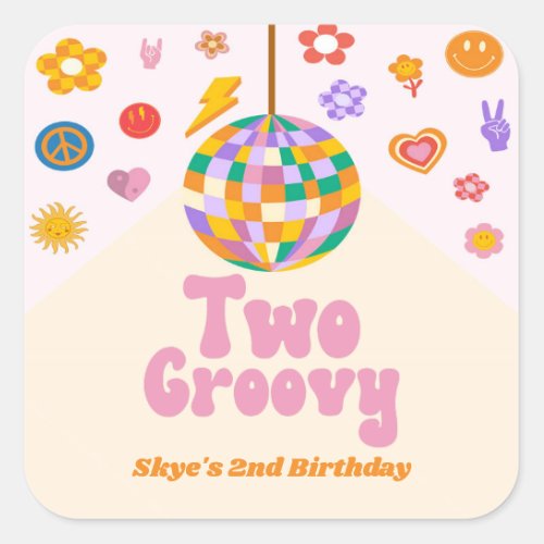 Two Groovy Disco Ball 2nd Birthday Party Favor Square Sticker