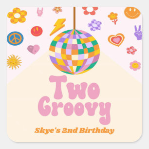Two Groovy Disco Ball 2nd Birthday Party Favor Square Sticker