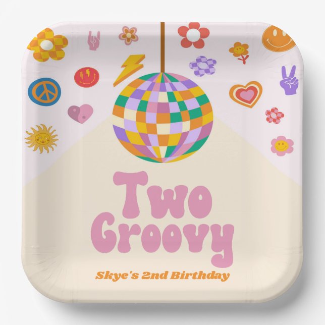 Two Groovy Disco Ball 2nd Birthday Party Paper Plates (Front)