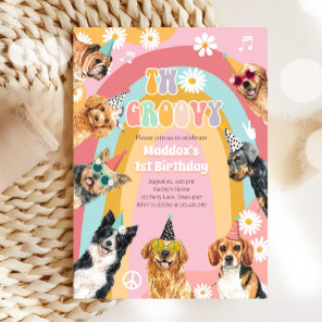 Two Groovy Dog Retro Pawty Girl Birthday Invitation