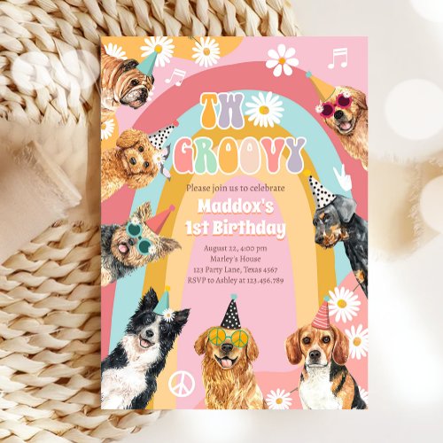 Two Groovy Dog Retro Pawty Girl Birthday Invitation