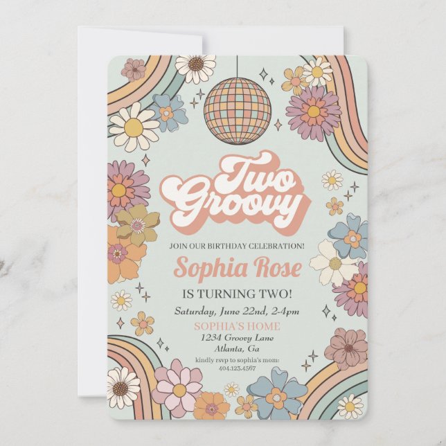 Two Groovy Floral 2nd birthday 70s retro invite (Front)