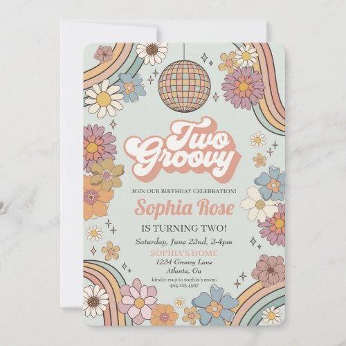 Two Groovy Floral 2nd birthday 70s retro invite