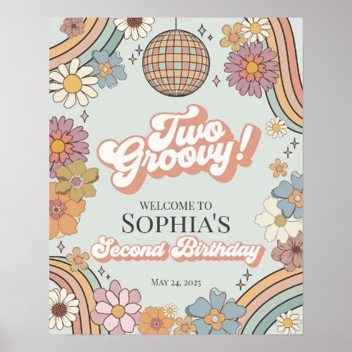 Two Groovy Floral 2nd Birthday Retro Welcome Sign
