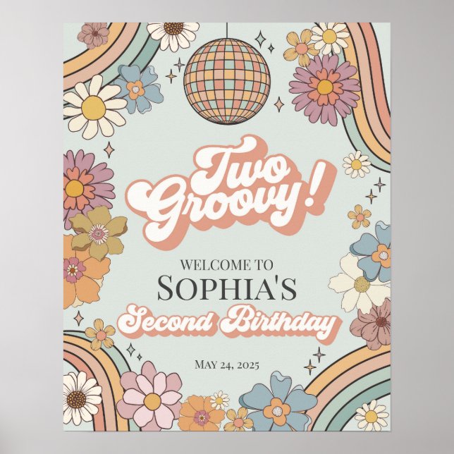 Two Groovy Floral 2nd Birthday Retro Welcome Sign (Front)