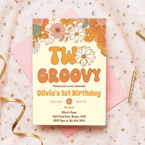 Two Groovy Floral Retro 2nd Birthday Invitation