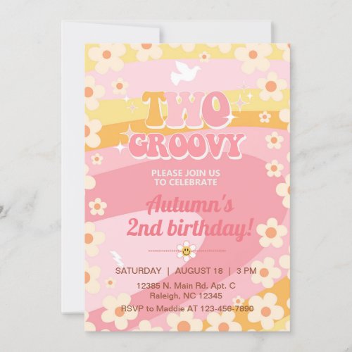 Two Groovy girl 2nd birthday invite invitation
