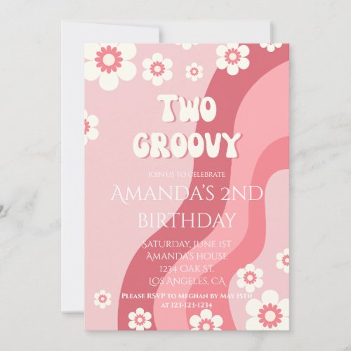 Two Groovy Girl 2nd Birthday Pink Retro Theme  Invitation