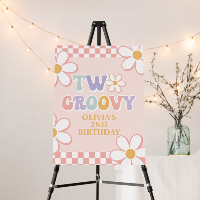 Two Groovy Girl Retro Check Pink Daisy Foam Board (In Situ (Stand))