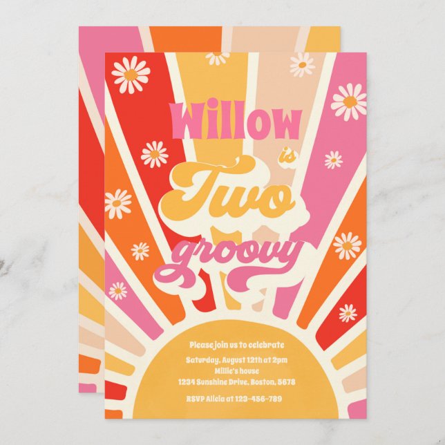 Two Groovy Hippie 2nd Birthday Sunshine Daisy Invitation (Front/Back)