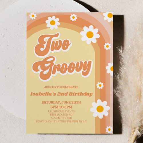 Two Groovy Orange Retro Daisy 2nd Birthday Party Invitation