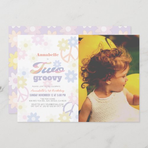 Two Groovy Pastel Color Daisy 2nd Birthday Photo Invitation