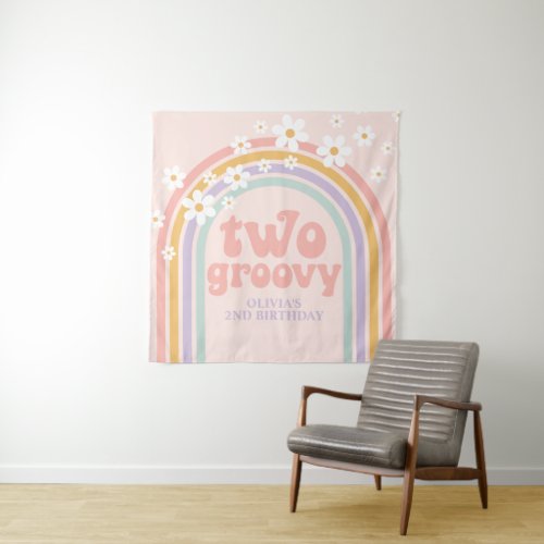 TWO Groovy Pastel rainbow 2ND birthday Banner Tapestry