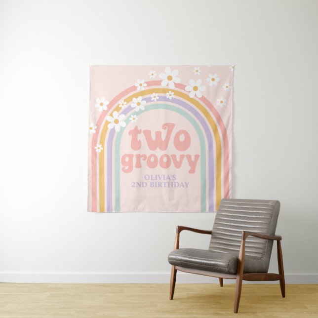 TWO Groovy Pastel rainbow 2ND birthday Banner Tapestry (In Situ)