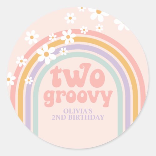two Groovy Pastel rainbow 2ND birthday Classic Round Sticker