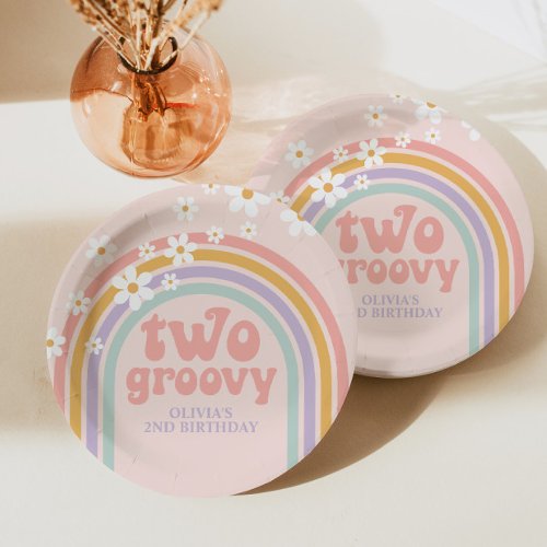 two Groovy Pastel rainbow 2ND birthday Paper Plates