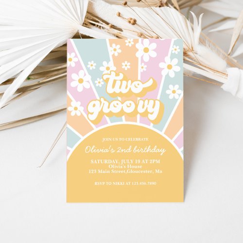 Two Groovy Pastel Retro Sunshine daisy boho floral Invitation