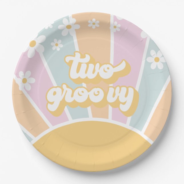 Two Groovy pastel Retro Sunshine daisy boho Paper Plates (Front)
