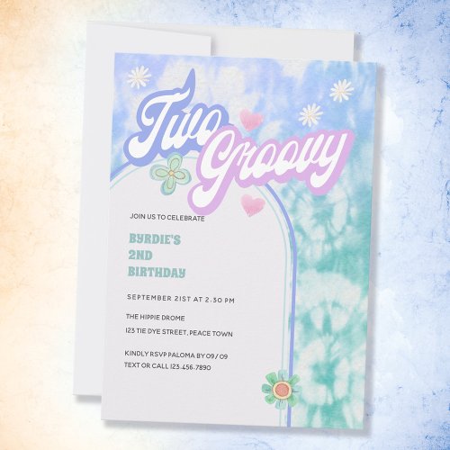 Two Groovy Pastel Tie Dye 2nd Birthday Party Invitation