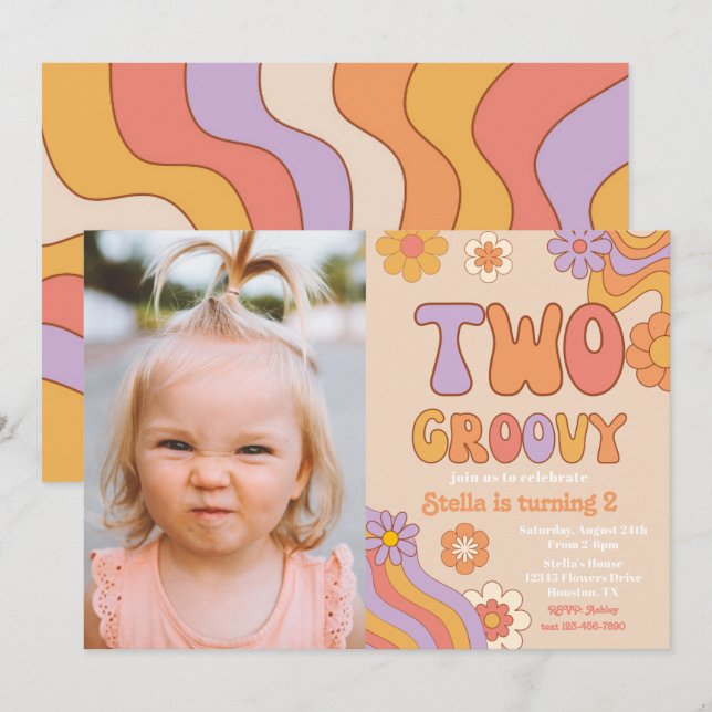 Two Groovy Photo Invitation | Groovy Birthday (Front/Back)