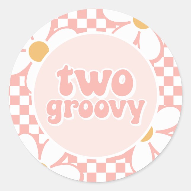 Two Groovy Pink Daisy Checker Classic Round Sticker (Front)