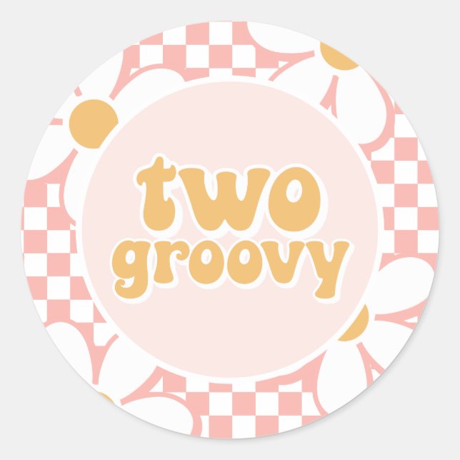 Two Groovy Pink Daisy Checker Classic Round Sticker (Front)
