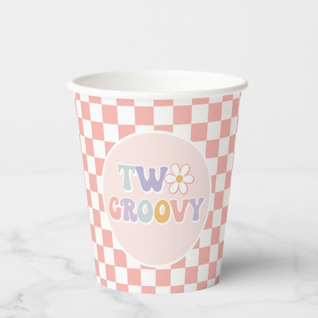 Two Groovy Pink Daisy Checker Paper Cups (Front)