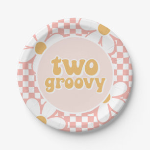 Two Groovy Pink Daisy Checker Paper Plates