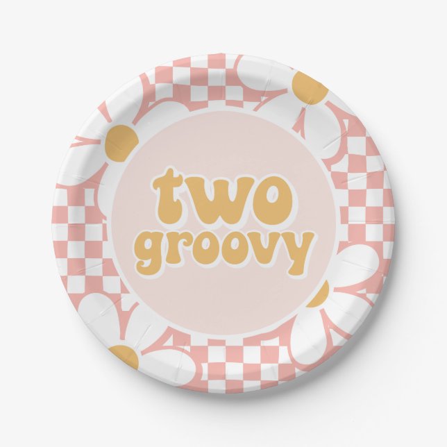 Two Groovy Pink Daisy Checker Paper Plates (Front)