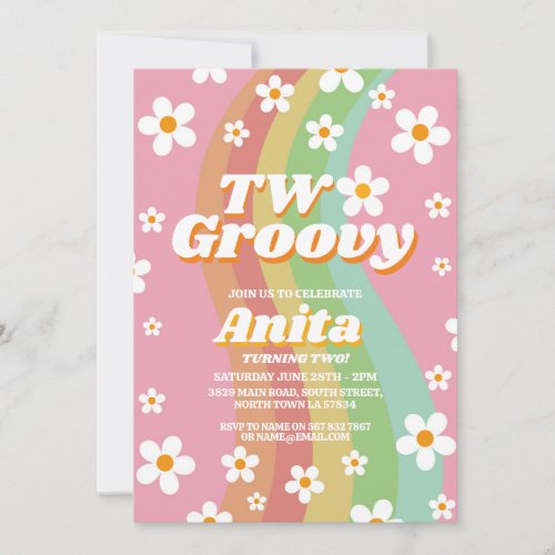 Two Groovy Pink Girls 2nd Retro Vintage 1970s Invitation