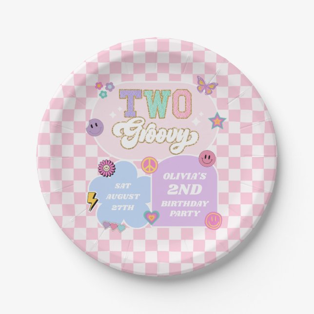 Two Groovy Preppy Patch 2nd Birthday Party Paper Plates (Front)