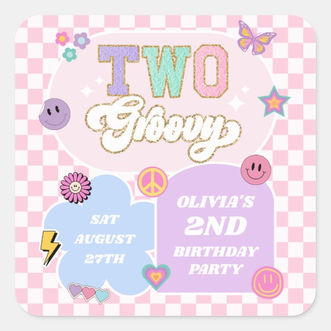 Two Groovy Preppy Patch 2nd Birthday Party Square Sticker (Front)