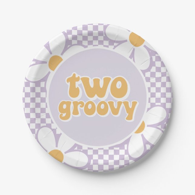 Two Groovy Purple Daisy Checker Paper Plates (Front)