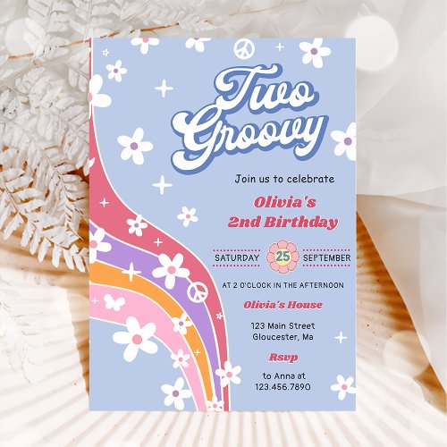 Two Groovy Rainbow Floral 2nd Birthday Party  Invitation