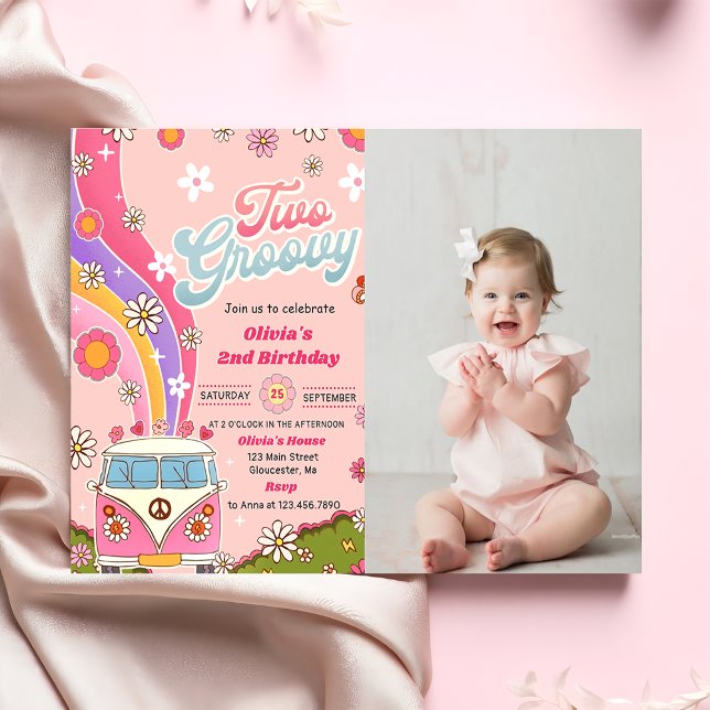 Two Groovy Rainbow Floral 2nd Birthday Party Photo Invitation (Creator Uploaded)