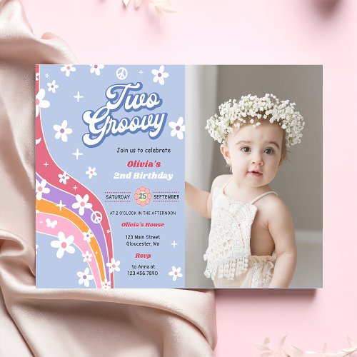 Two Groovy Rainbow Floral 2nd Birthday Party Photo Invitation