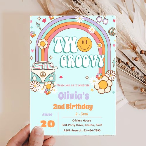 Two Groovy Rainbow Flower 2nd Birthday Invitation