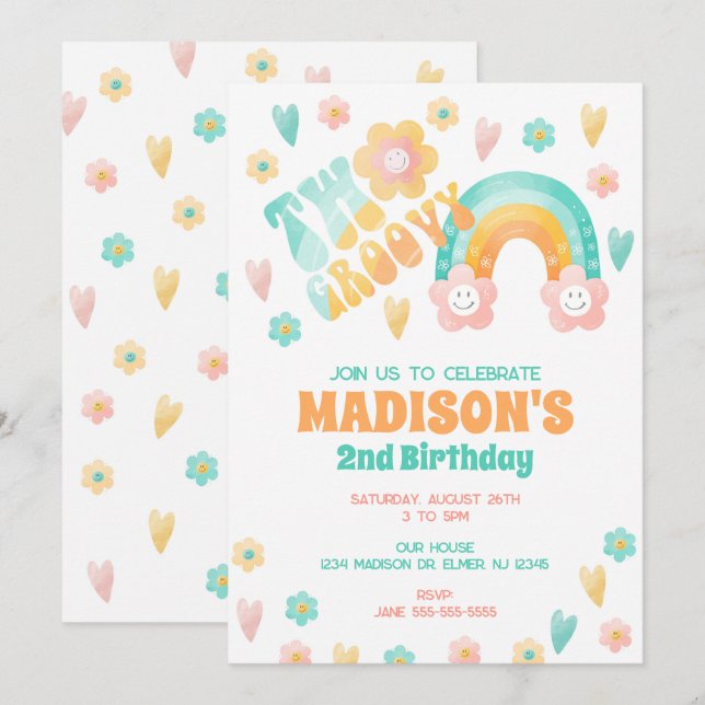 Two Groovy Rainbow Flower 70s Retro 2nd Birthday Invitation (Front/Back)