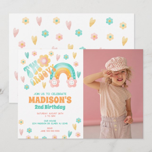 Two Groovy Rainbow Flower 70s Retro 2nd Birthday Invitation (Front/Back)