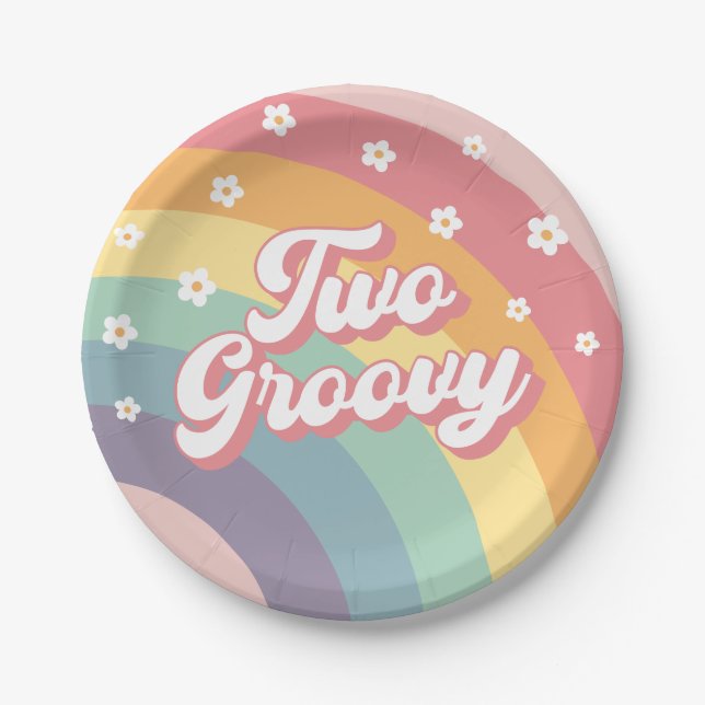 Two Groovy Retro 70s Rainbow Daisy 2nd Birthday  Paper Plates (Front)