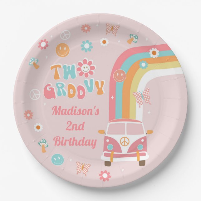 Two Groovy Retro Boho Birthday Party Paper Plates (Front)
