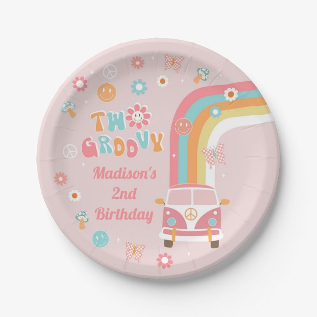 Two Groovy Retro Boho Birthday Party Paper Plates (Front)