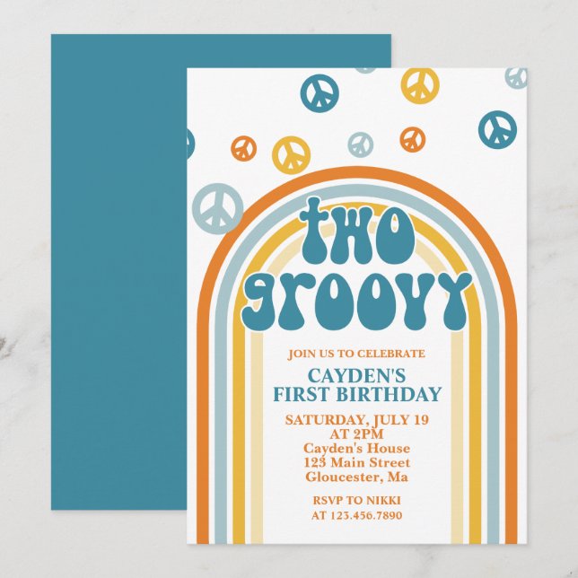 Two Groovy Retro Boy 2nd Birthday Invitation (Front/Back)
