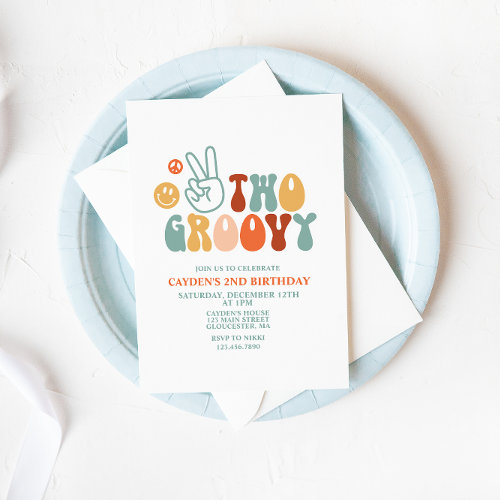Two Groovy Retro Boy peace sign birthday Invitatio