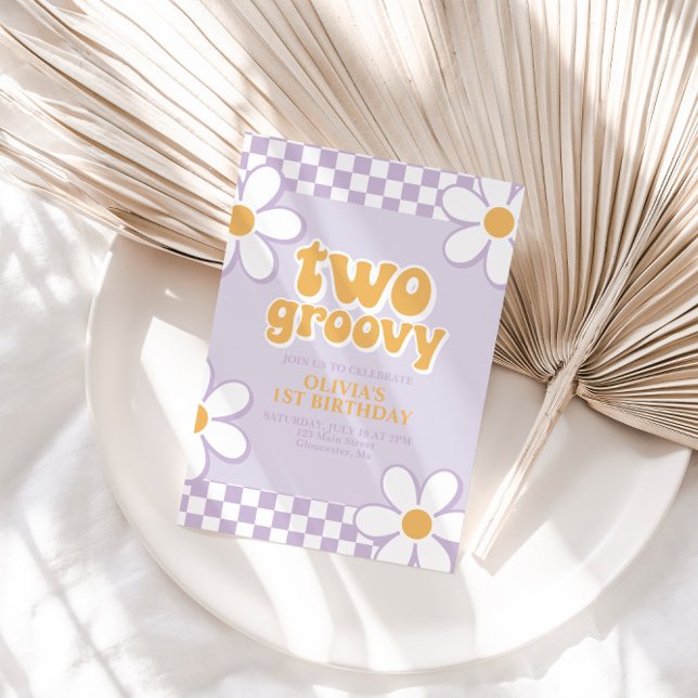 Two Groovy Retro Check Lilac Daisy Invitation (Creator Uploaded)