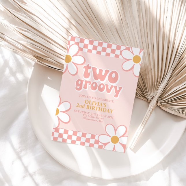 Two Groovy Retro Check Pink Daisy Invitation (Creator Uploaded)