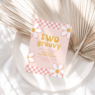 Two Groovy Retro Check Pink Daisy Invitation