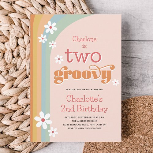 Two Groovy Retro Daisies Girls 2nd Birthday Invitation