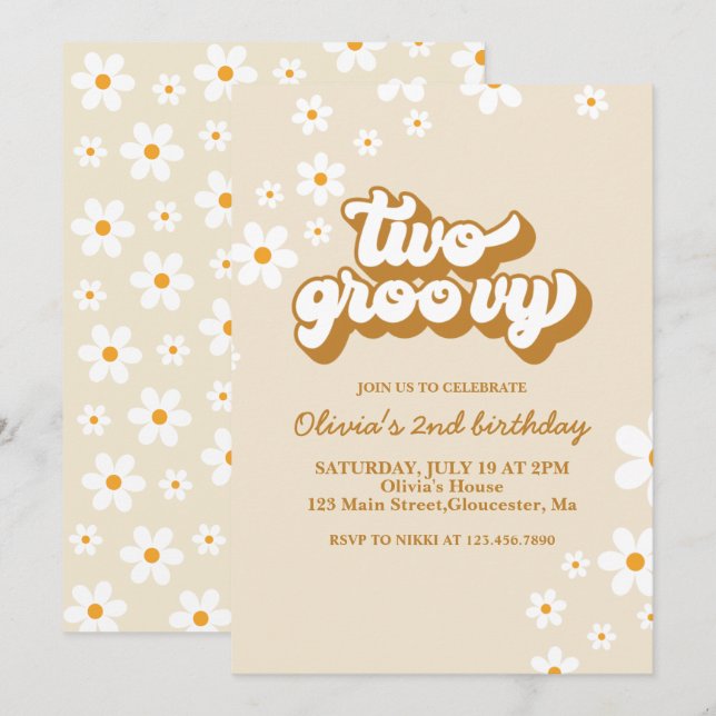 Two Groovy Retro Daisy 2nd Birthday Invitation (Front/Back)