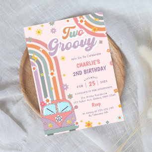 Two Groovy Retro Daisy 2nd Birthday Party Invitation